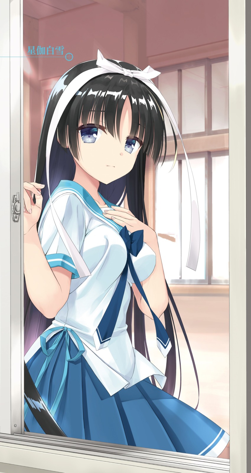 1girl absurdres black_hair blue_bow blue_bowtie blue_eyes blue_ribbon blue_skirt blunt_bangs bow bowtie breasts female_focus from_outside hair_ribbon hidan_no_aria highres hotogi_shirayuki kobuichi long_hair looking_at_viewer lossy-lossless medium_breasts novel_illustration official_art open_window pleated_skirt ribbon school_uniform shirt short_sleeves skirt solo very_long_hair white_ribbon white_shirt window