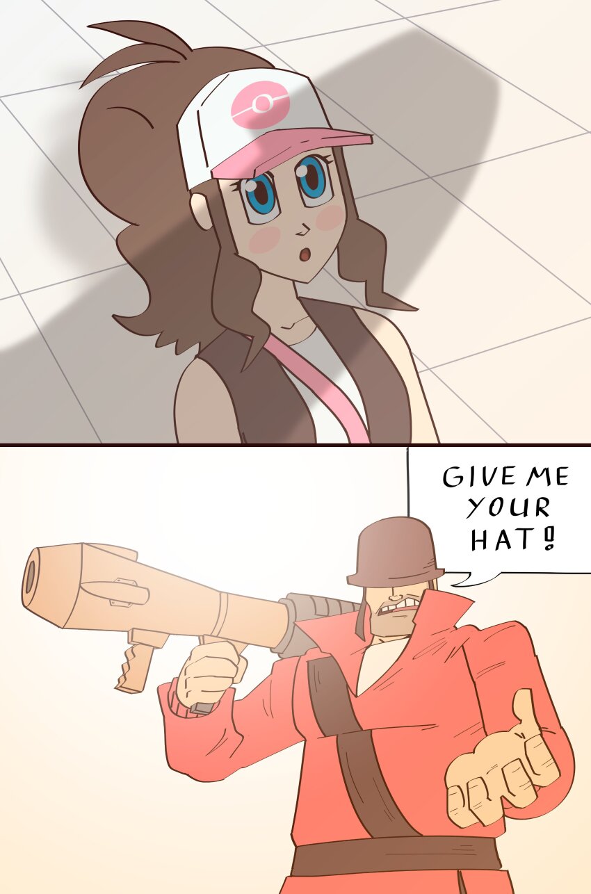 1boy 1girl 2koma absurdres baseball_cap blue_hair blush_stickers brown_hair comic facial_hair give_me_your_hat_(meme) hat helmet highres hilda_(pokemon) meme nintendo open_mouth pokemon pokemon_bw ponytail red_soldier_(tf2) rocket_launcher soldier_(tf2) speech_bubble stubble team_fortress_2 thef1amethr0wer vest weapon