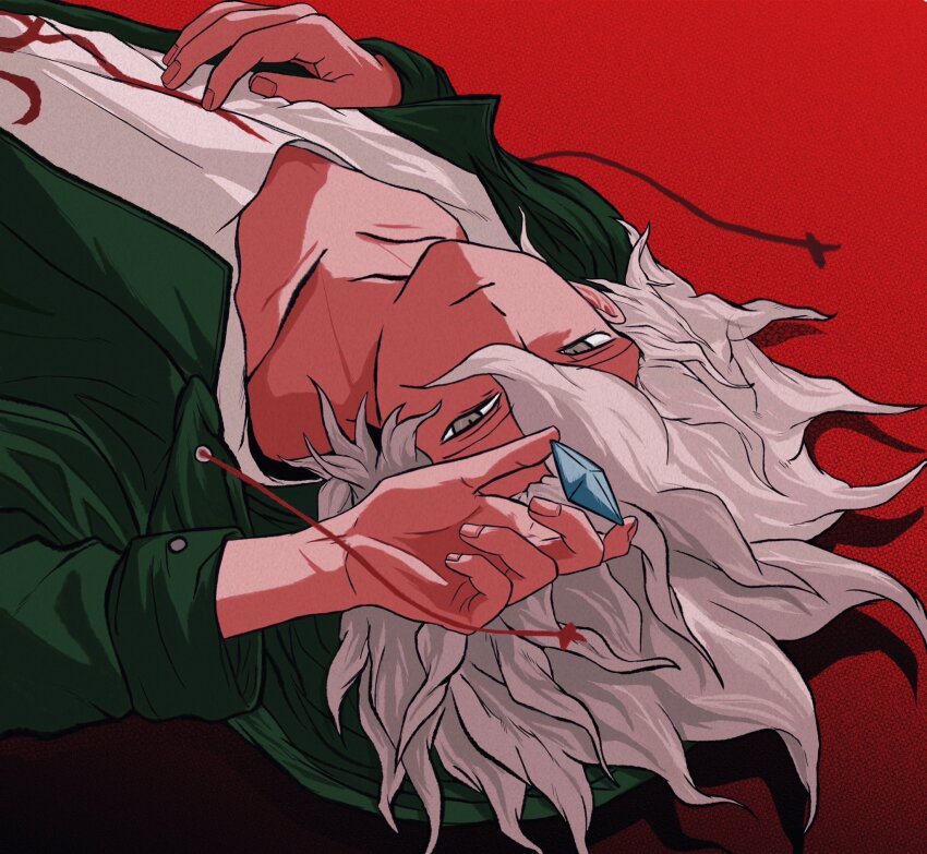 1boy commentary_request danganronpa_(series) danganronpa_2:_goodbye_despair diamond_(gemstone) gem gradient_background green_jacket grey_eyes grey_hair highres holding holding_gem jacket komaeda_nagito looking_at_viewer lying male_focus on_back open_clothes open_jacket red_background short_hair simple_background uri_ka55