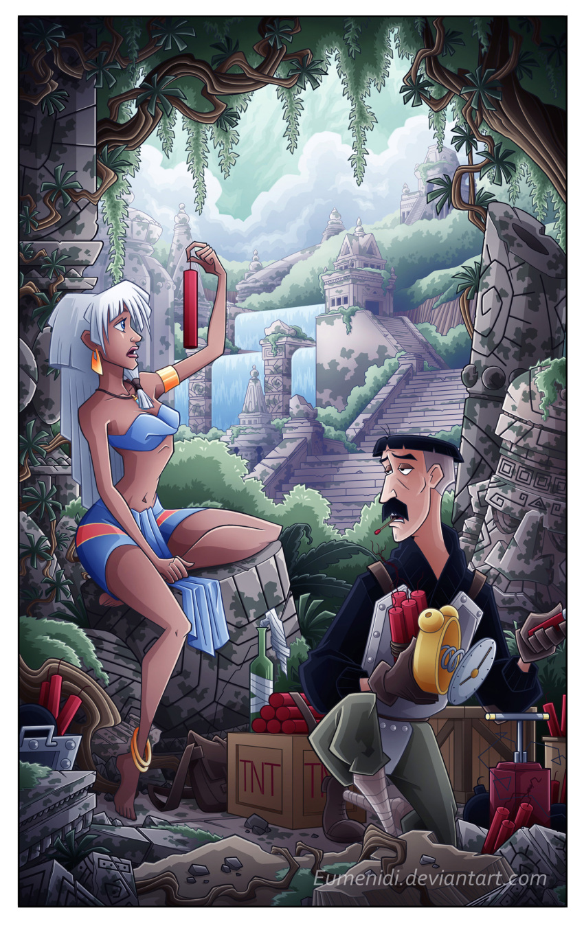 1boy 1girl anklet aquiline_nose architecture armlet atlantis:_the_lost_empire black_hair blue_bra blue_eyes border box bra broken clock cloud dark-skinned_female dark_skin dynamite earrings eumenidi explosive facial_hair highres jewelry kidagakash long_hair matches mesoamerican_architecture molotov_cocktail moss mouth_hold mustache necklace nose open_mouth outdoors pelvic_curtain plant ruins short_hair sitting stairs tnt underwear vincenzo_santorini watermark web_address white_border white_hair