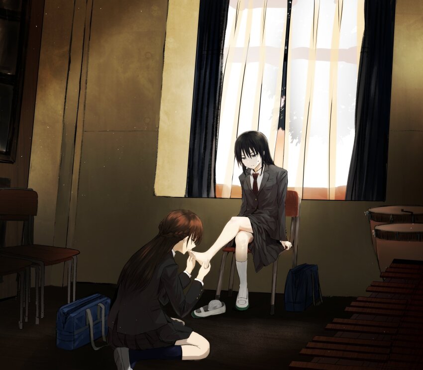 2girls bag black_hair black_jacket black_skirt black_socks braid brown_hair chair closed_eyes closed_mouth collared_shirt commentary_request curtains drum half_up_braid highres instrument jacket kneeling light_particles long_hair looking_at_another lr6fko4upypf9hv marimba mary_janes miyagi_shiori multiple_girls necktie pleated_skirt red_necktie school_bag school_chair sendai_hazuki shirt shoes shuuniichido_classmate_wo_kau_hanashi single_sock sitting skirt socks sweatdrop timpani toe_sucking underwear unworn_socks white_footwear white_shirt white_socks yuri