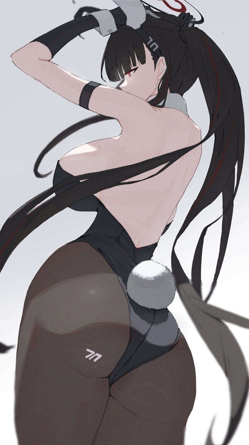 1girl absurdres animal_ears ass black_hair black_halo black_pantyhose blue_archive bright_pupils from_behind halo highres leotard multicolored_halo pantyhose playboy_bunny rabbit_ears red_eyes ringed_eyes rio_(blue_archive) s0lari_sub solo strapless strapless_leotard two-tone_halo white_pupils