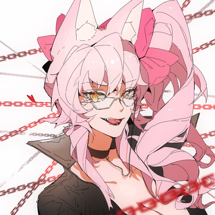 1girl animal_ears chain fate/grand_order fate_(series) fox_ears glasses highres koyanskaya_(assassin)_(first_ascension)_(fate) koyanskaya_(fate) long_hair looking_at_viewer orange_eyes pink_hair portrait solo tamamo_(fate) yinggu