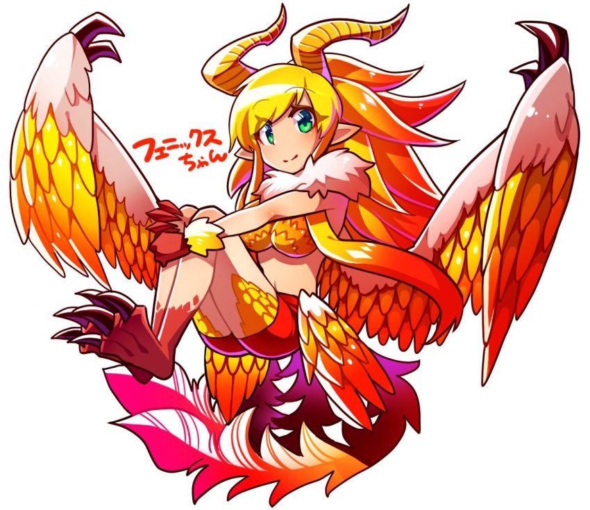 1girl blonde_hair breasts closed_mouth dragalia_lost dragon_horns green_eyes horns long_hair medium_breasts phoenix_(dragalia_lost) shorts solo tanpopo_hayabusa-maru wings
