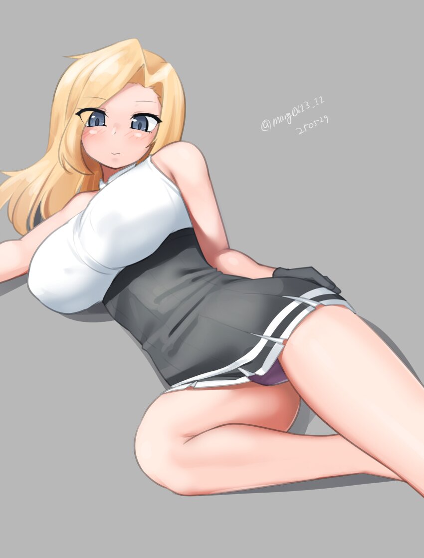 1girl absurdres black_skirt blonde_hair blue_eyes breasts cosplay dated feet_out_of_frame grey_background hair_intakes high-waist_skirt highres hornet_(kancolle) kantai_collection large_breasts long_hair looking_at_viewer lying maru_(marg0613) on_side one-hour_drawing_challenge panties pantyshot purple_panties shirt simple_background skirt sleeveless sleeveless_shirt solo tatsuta_(kancolle) tatsuta_(kancolle)_(cosplay) tatsuta_kai_ni_(kancolle) tatsuta_kai_ni_(kancolle)_(cosplay) twitter_username underwear white_shirt