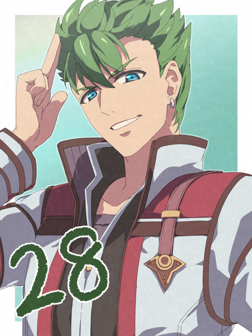 1boy blue_eyes border chiharu_(9654784) commentary_request countdown earrings eiyuu_densetsu green_background green_hair high_collar highres hoop_earrings jacket jewelry kai_no_kiseki kevin_graham kuro_no_kiseki_(series) male_focus outside_border salute short_hair smile solo teeth two-finger_salute upper_body v-shaped_eyebrows white_border white_jacket