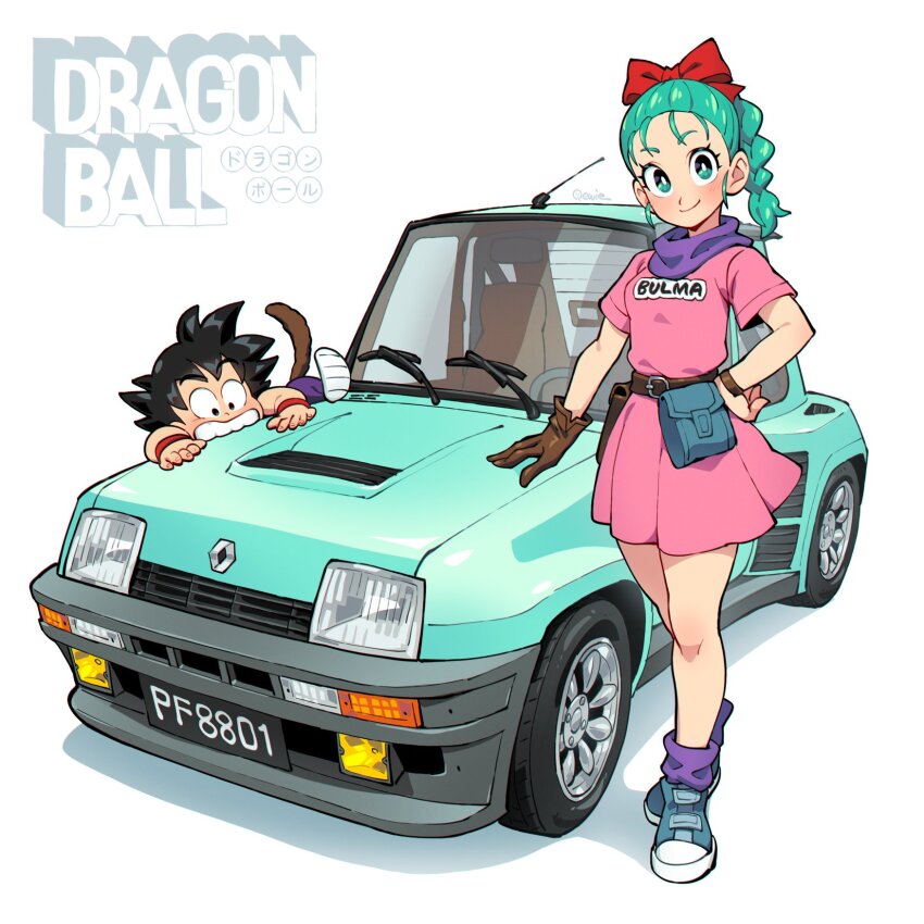 1boy 1girl 333_(dqqqdle) aqua_car belt black_hair braid brown_belt brown_gloves bulma car character_name closed_mouth commentary copyright_name dragon_ball full_body gloves green_eyes green_footwear green_hair hair_ribbon hand_on_car highres license_plate looking_at_viewer monkey_tail motor_vehicle pink_shirt pink_skirt purple_socks red_ribbon renault ribbon shadow shirt shoes short_hair simple_background skirt smile socks son_goku standing symbol-only_commentary tail teeth white_background
