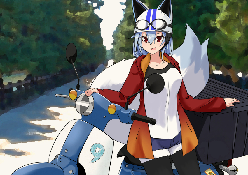 animal_ears arm_rest black_thighhighs blue_hair blue_shorts blurry blurry_background commentary_request container eyewear_on_headwear fox_ears fox_tail fur-trimmed_shorts fur_trim helmet highres jacket kirishima_(alutear) magatama_print motor_vehicle murasame_sukehiro_(tenka_hyakken) open_clothes open_jacket open_mouth outdoors red_eyes red_jacket road scooter shirt shorts side-view_mirror sitting smile tail tenka_hyakken thighhighs tree white_shirt