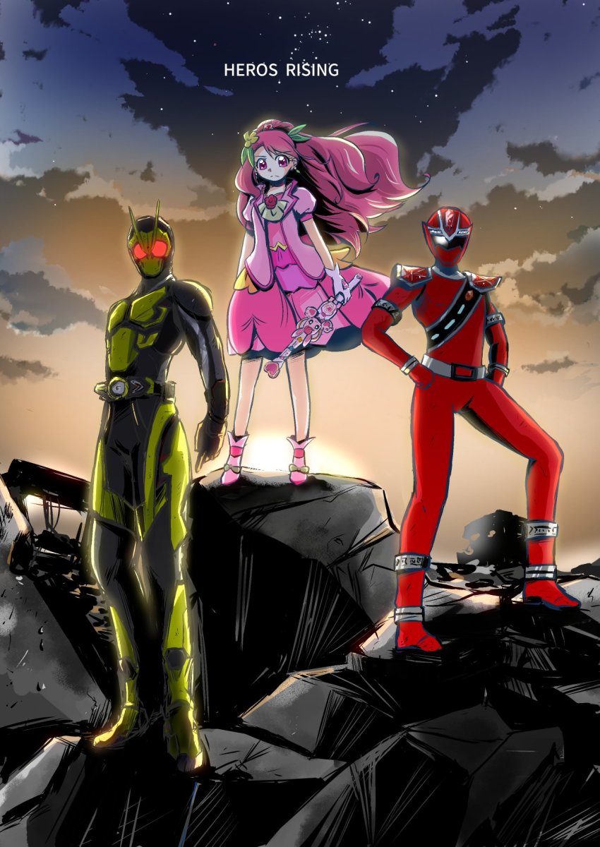 1girl 2boys animification armor atsuta_juru black_suit boots buta_obutu clenched_hands commentary crossover cure_grace dress english_text formal_clothes hanadera_nodoka hands_on_own_hips healin&#039;_good_precure helmet hiden_aruto highres holding holding_weapon kamen_rider kamen_rider_01_(series) kamen_rider_zero-one kiramai_red long_hair looking_at_viewer magical_girl mashin_sentai_kiramager multiple_boys pink_boots pink_dress pink_eyes pink_hair pink_theme precure red_suit red_theme rising_hopper staff suit super_sentai weapon yellow_armor