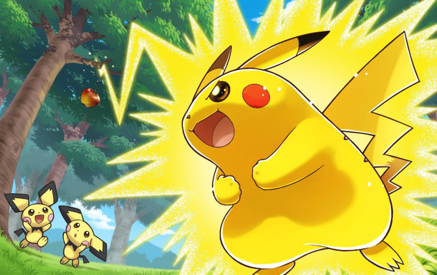 :d apple brown_eyes commentary_request electricity food from_below fruit gen_1_pokemon gen_2_pokemon grass nintendo no_humans open_mouth pichu pikachu pokemon pokemon_(creature) smile tongue tree yukari_(yukari21653710)