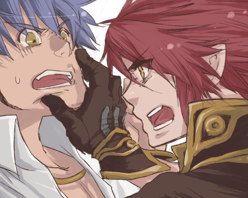 2boys blacksmith_(ragnarok_online) blue_hair brown_capelet brown_gloves capelet collared_shirt commentary_request gloves hand_on_another&#039;s_chin looking_at_another male_focus multiple_boys open_mouth orange_eyes pointy_ears ragnarok_online red_hair sezaki_takumi shirt short_hair simple_background upper_body white_background white_shirt wizard_(ragnarok_online) yellow_eyes