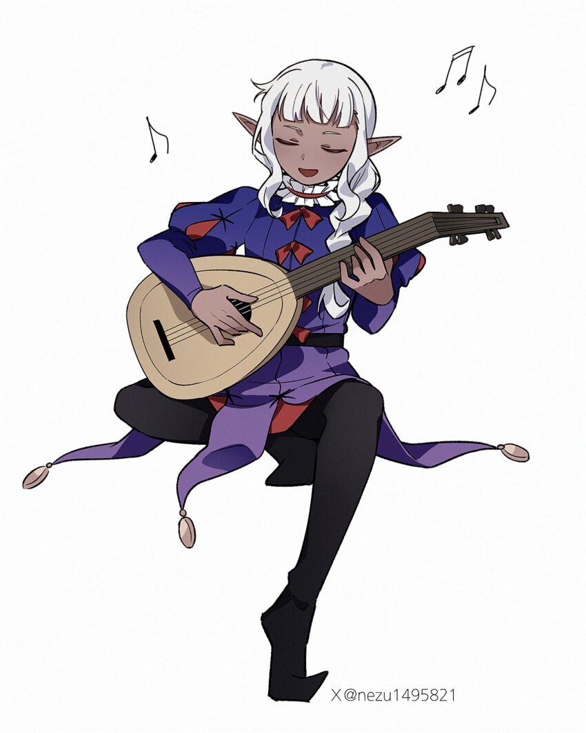 1boy androgynous braid braided_ponytail closed_eyes coin_(ornament) dark-skinned_male dark_elf dark_skin dungeon_meshi elf full_body highres instrument jester jester_costume long_hair long_sleeves lute_(instrument) male_focus music neck_ruff nezu1495821 open_mouth playing_instrument pointy_ears puff_and_slash_sleeves puffy_sleeves purple_tunic short_bangs sidelocks simple_background singing single_braid sitting smile solo thistle_(dungeon_meshi) trap tunic wavy_hair white_background white_hair