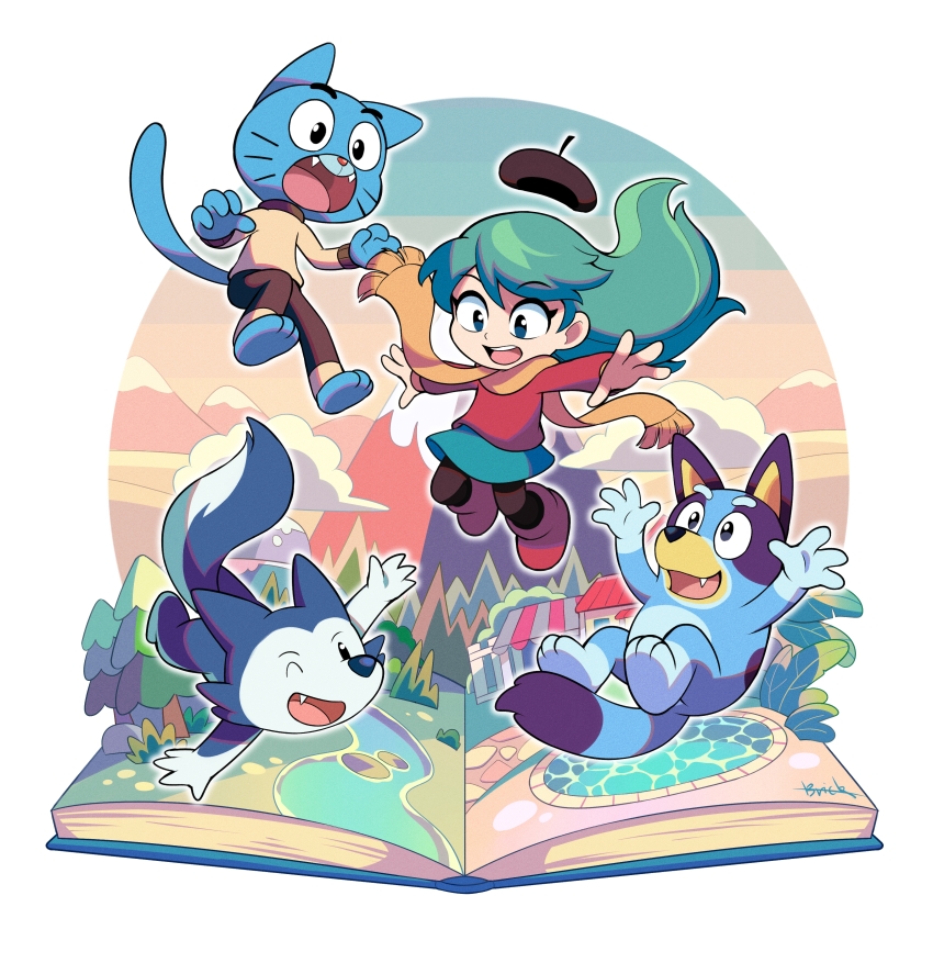 :3 :d absurdres bluey bluey_heeler brick_st crossover fangs grass gumball_watterson highres hilda_(hilda) hilda_(series) lupin&#039;s_tales lupin_(lupin&#039;s_tales) mountain multiple_crossover one_eye_closed open_mouth pool river signature smile the_amazing_world_of_gumball tree