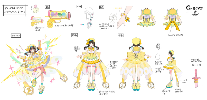 1girl aqua_ribbon black_hair bow bowtie braid brown_hair character_name reference_sheet cleavage_cutout closed_mouth clothing_cutout commentary_request dempagumi dual_wielding egg_(food) electricity food from_behind from_side full_body hair_ribbon harumaki_(gumi) hat hat_bow high-waist_skirt holding holding_toy_gun holster idol_clothes kaname_rin looking_at_viewer official_art phantom_of_the_kill pink_ribbon platform_footwear ribbon sailor_collar second-party_source simple_background skirt smile socks standing standing_on_one_leg straight-on tachi-e thigh_holster twin_braids white_background white_socks yellow_bow yellow_bowtie yellow_eyes yellow_hat yellow_sailor_collar yellow_skirt