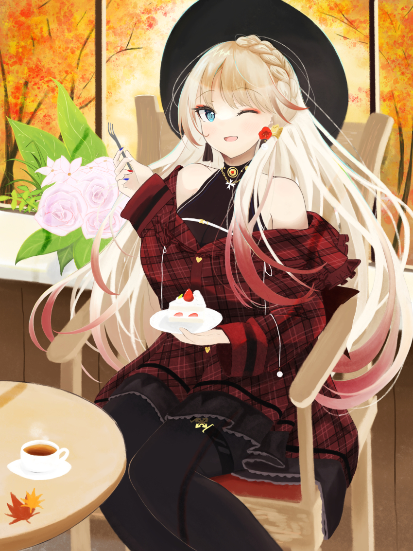 1girl absurdres autumn autumn_leaves azur_lane bare_shoulders black_headwear black_pantyhose blonde_hair blue_eyes braid breasts cake cake_slice cleavage crown_braid cup dress earrings flower_earrings food fork gradient_hair highres holding holding_fork holding_plate howe_(azur_lane) howe_(noble_rouge)_(azur_lane) jewelry large_breasts leaf long_hair looking_at_viewer multicolored_hair off-shoulder_dress off_shoulder official_alternate_costume one_eye_closed pantyhose plaid_clothes plaid_dress plate red_hair round_table sitting solo table tea teacup thigh_strap tsuri_pi