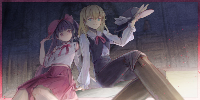 2girls alice_margatroid alternate_costume black_pants black_vest blonde_hair blue_eyes boots bow bowtie brown_boots brown_hair closed_mouth collared_shirt commentary_request cosplay detached_sleeves dolls_in_pseudo_paradise feet_out_of_frame frilled_shirt_collar frilled_sleeves frills hair_between_eyes hair_bow hakurei_reimu hat holding holding_unworn_clothes holding_unworn_hat jacket_girl_(dipp) jacket_girl_(dipp)_(cosplay) karaqia label_girl_(dipp) label_girl_(dipp)_(cosplay) light_smile long_hair long_sleeves multiple_girls neck_ribbon pants red_bow red_bowtie red_ribbon red_skirt ribbon shirt sitting skirt sleeveless sleeveless_shirt touhou unworn_hat unworn_headwear vest white_shirt