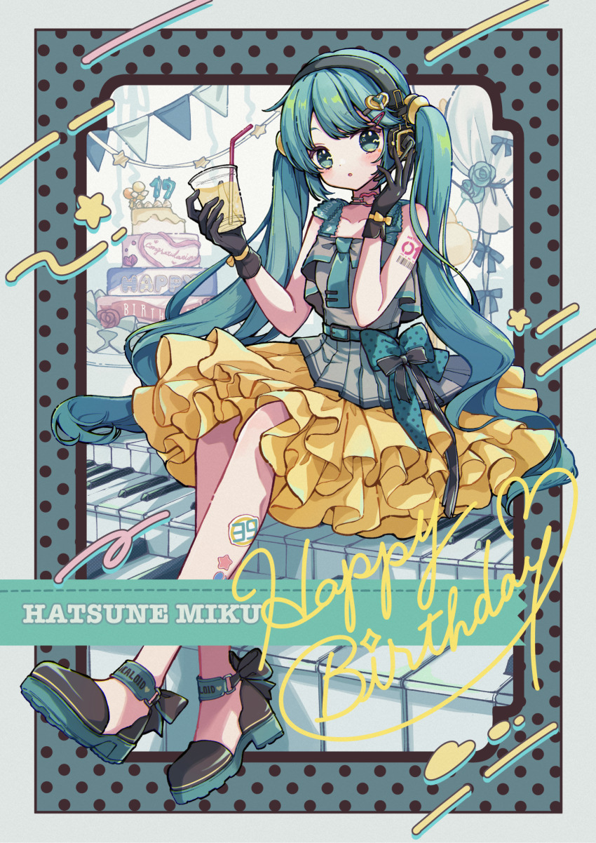 1girl :o balloon barcode barcode_tattoo bare_legs bare_shoulders birthday_cake black_gloves black_shoes blue_bow blue_eyes blue_hair blue_necktie blush bow cake character_name collarbone dot_nose drink drinking_straw food foreshortening full_body gloves grey_shirt hair_ornament hand_on_own_cheek hand_on_own_face hand_up happy_birthday hatsune_miku head_tilt headphones heart heart_hair_ornament highres holding holding_drink instrument layered_skirt long_hair looking_at_viewer nagitofuu necktie number_candle number_tattoo open_mouth piano pleated_skirt shirt shoes sitting skirt sleeveless sleeveless_shirt solo star_sticker sticker_on_leg string_of_flags swept_bangs tattoo tie_clip twintails very_long_hair vocaloid yellow_skirt