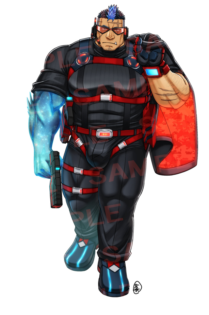 1boy bara beard_stubble belt blue_hair bulge bulge_lift chest_harness cross_scar ei_(marutendon) facial_hair facial_scar full_body glowing_skin goggles gradient_skin gun harness highres holding holding_gun holding_weapon huge_pectorals live_a_hero looking_at_viewer male_focus mature_male merchandise_available multicolored_hair multiple_belts muscular muscular_male scar scar_on_cheek scar_on_face scar_on_forehead short_hair solo sparse_arm_hair stubble thick_eyebrows thick_thighs thighs tusks two-tone_hair undercut walking weapon white_background yoshiori_(live_a_hero)