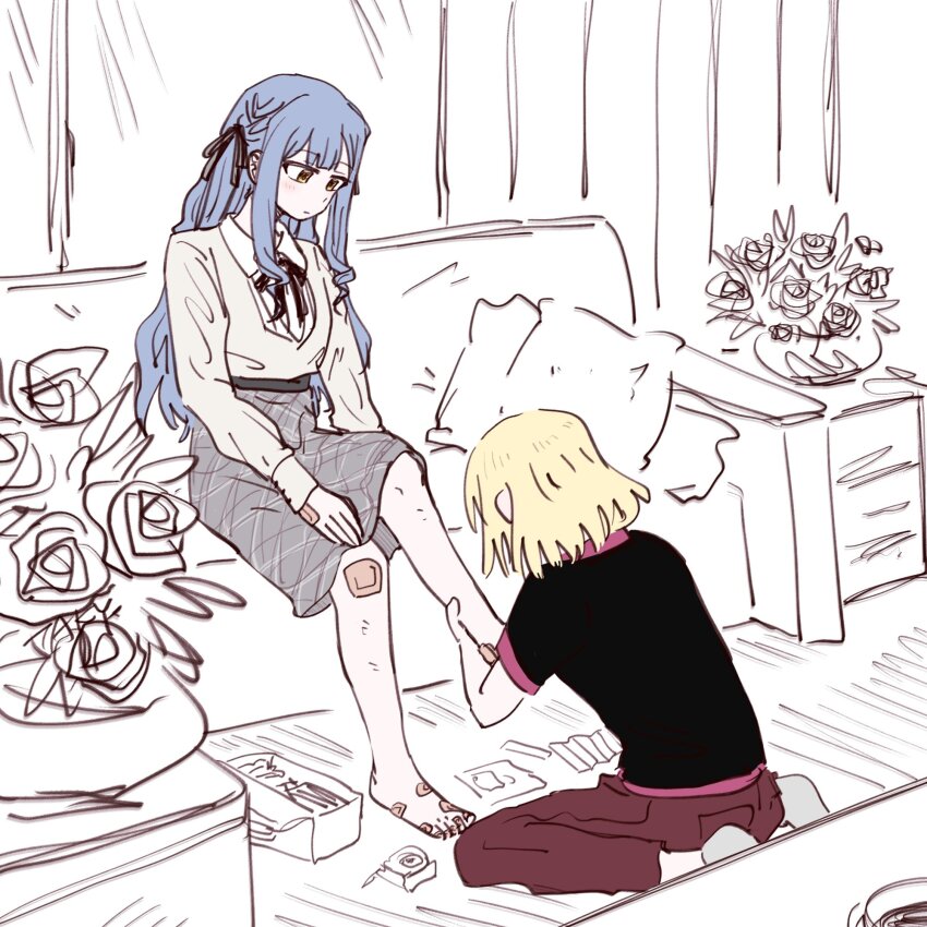 2girls applying_bandaid bandaid bandaid_on_foot bandaid_on_hand bandaid_on_knee bandaid_on_leg bang_dream! bang_dream!_it&#039;s_mygo!!!!! black_ribbon black_shirt blonde_hair blue_hair couch hair_ribbon highres long_sleeves misumi_uika multiple_girls no_shoes ribbon shirt short_hair short_sleeves sidelocks sitting taki_ritzk0u togawa_sakiko white_shirt