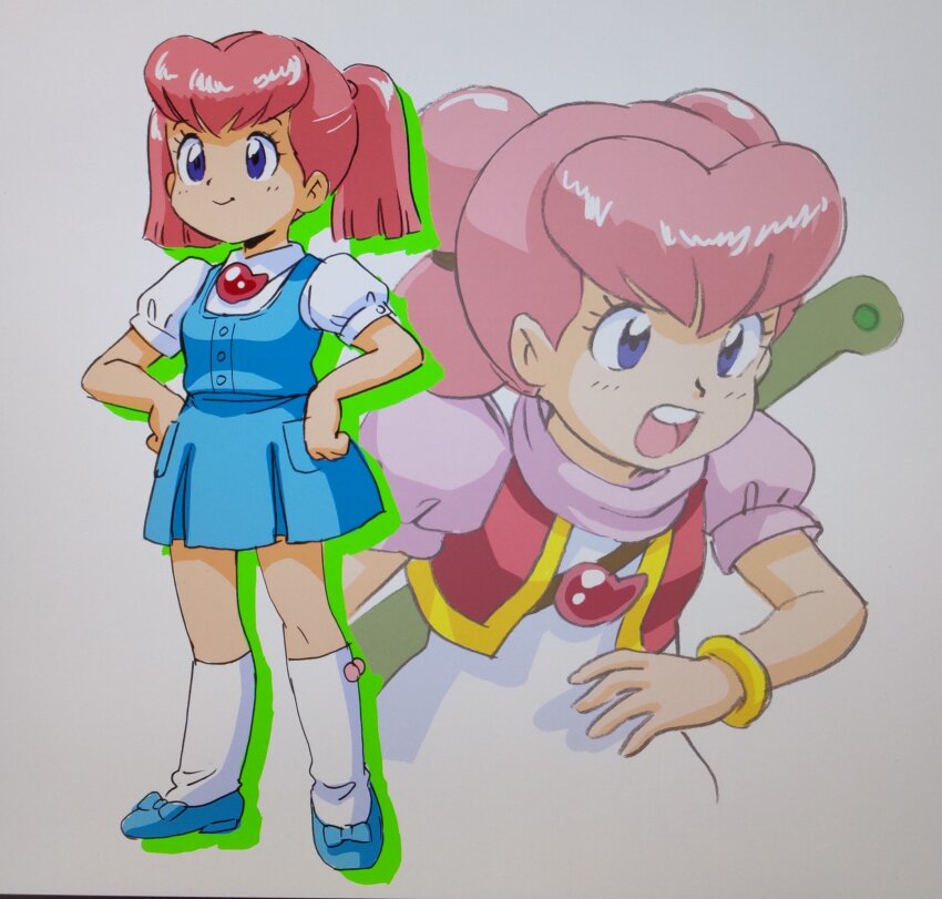 blue_eyes bow bracelet dress genji_tsuushin_agedama heart heike_ibuki highres jacket jewelry official_art pink_hair prototype_design shoes smile socks superhero_costume tenpuraken twintails