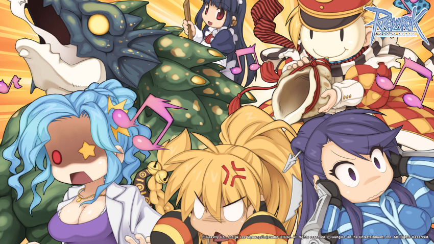 1boy 4girls alice_(ragnarok_online) anger_vein argyle_clothes argyle_coat bakonawa black_hair black_scarf blank_eyes blonde_hair blue_jacket blue_scarf blue_skirt breasts cleavage closed_mouth coat conch copyright_notice covering_own_ears dinosaur dress fenris_fenrir hat high_ponytail highres jacket lab_coat large_breasts logo long_hair maid maid_headdress mask masked medium_breasts minstrel_(ragnarok_online) multiple_girls musical_note official_art official_wallpaper open_mouth orange_background polka_dot polka_dot_scarf ponytail purple_dress purple_eyes purple_hair ragnarok_online red_coat red_eyes red_hat red_scarf sarah_irene scarf shako_cap short_hair sidelocks skirt smile smiley_face striped_clothes striped_scarf triangle_mouth upper_body v-shaped_eyebrows verity wavy_mouth white_coat white_scarf yuichirou