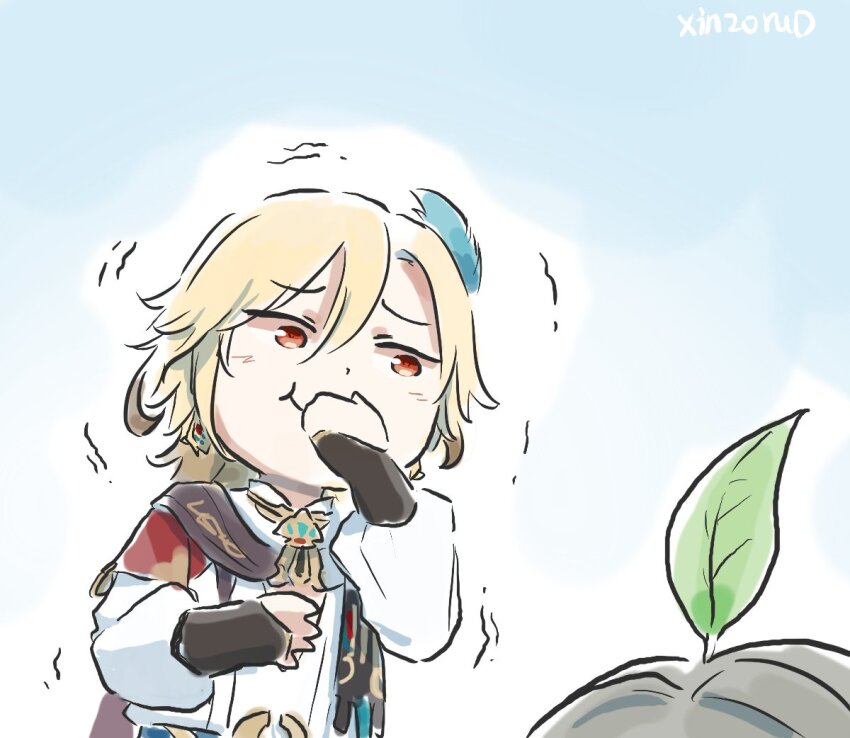 2boys alhaitham_(genshin_impact) chibi comic genshin_impact grey_hair kaveh_(genshin_impact) laughing leaf leaf_on_head multiple_boys prank silent_comic simple_background xinzoruo