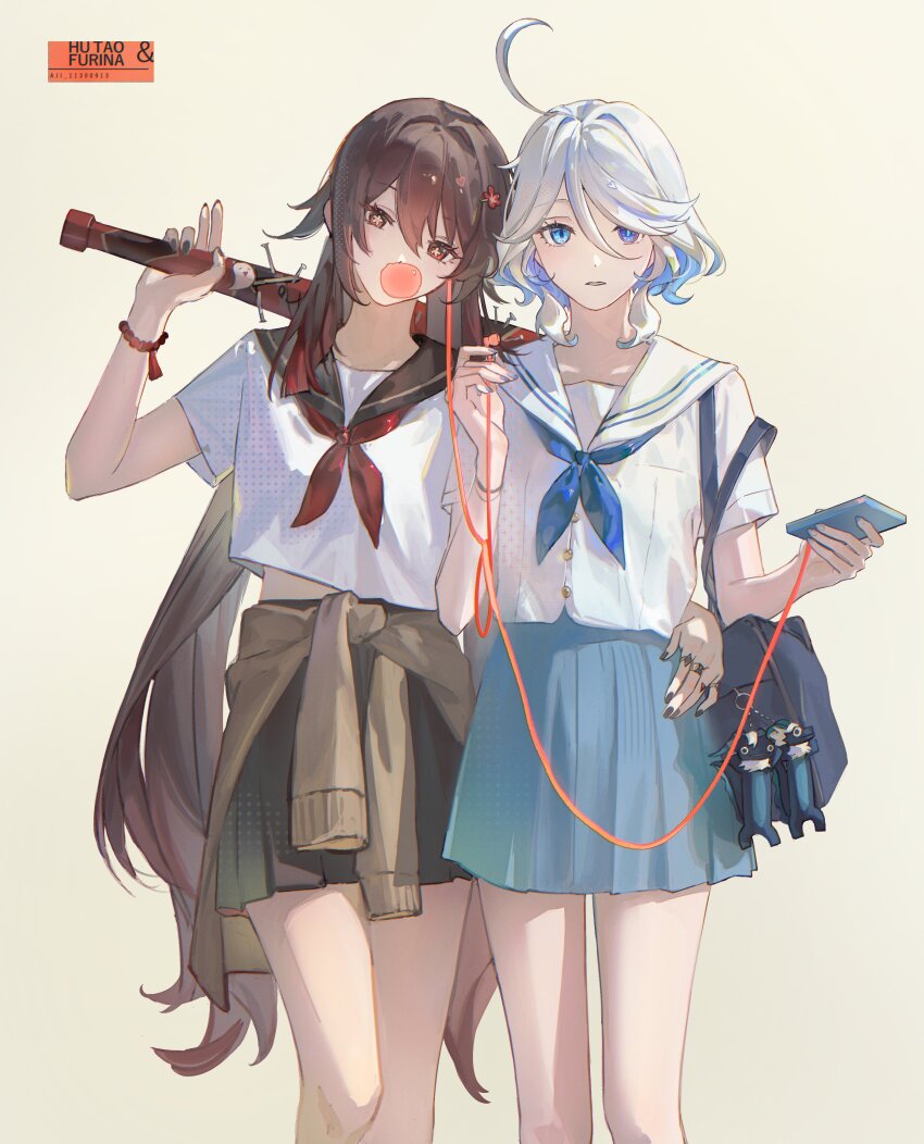 2girls absurdres aji_11300913 alternate_costume artist_name bag bag_charm baseball_bat bead_bracelet beads black_nails black_skirt blowing_bubbles blue_eyes blue_hair blue_nails blue_neckerchief blue_skirt boo_tao_(genshin_impact) bracelet brown_hair brown_sweater cellphone character_name charm_(object) chewing_gum clothes_around_waist colored_inner_hair commentary cowlick dancing_toothless_(meme) earphones feet_out_of_frame flower-shaped_pupils flower_hairpin furina_(genshin_impact) genshin_impact gradient_hair hand_on_another&#039;s_waist hashtag-only_commentary heterochromia highres holding holding_baseball_bat holding_phone hu_tao_(genshin_impact) jewelry long_hair looking_at_viewer meme multicolored_hair multiple_girls nail nail_(hardware) nail_bat neckerchief open_mouth phone red_hair red_neckerchief sailor_collar school_bag shared_earphones shirt short_hair short_sleeves simple_background skirt smartphone sweater sweater_around_waist symbol-shaped_pupils very_long_hair white_hair white_shirt