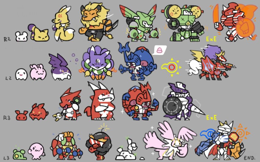 atlurkabuterimon atlurkabuterimon_(blue) atlurkabuterimon_(red) bombernanimon bubbmon chaosdukemon cherubimon cherubimon_(virtue) crests_(digimon) digimon digimon_(creature) evolutionary_line gigimon highres horns icemon jyarimon leomon mochimon nyaromon omegamon poyomon rapidmon_(perfect) redv-dramon renamon saintgalgomon shinegreymon shinegreymon_burst_mode shoutmon sleipmon sunglasses tentomon tokomon tukaimon wings youkomon yukimibotamon