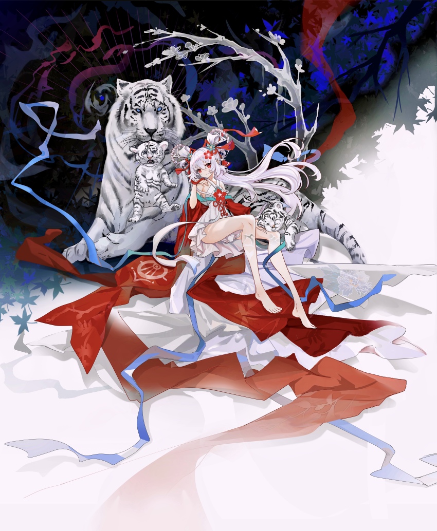 1girl absurdres animal ass bare_shoulders barefoot blue_flower blue_ribbon blush braid chinese_commentary closed_mouth commentary_request cub dress dress_flower flat_chest floating_hair flower hair_between_eyes hair_flower hair_ornament hand_up highres long_hair looking_at_viewer original red_eyes red_flower red_ribbon ribbon shan_gui_yu_yao sitting sleeveless smile solo tiger tree white_dress white_hair white_tiger wide_shot wide_sleeves