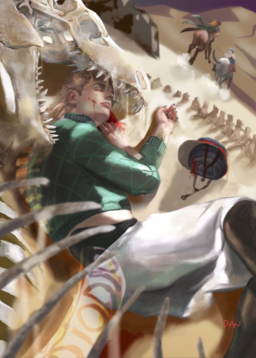 3boys animal_skeleton artist_name blonde_hair blood blood_on_face closed_eyes commentary_request danart14020 diego_brando dinosaur dinosaur_skeleton dinosaur_tail glasgow_smile gyro_zeppeli hat unworn_hat unworn_headwear highres horse horseback_riding johnny_joestar jojo_no_kimyou_na_bouken long_hair long_sleeves lying male_focus multiple_boys pants realistic riding scary_monsters_(stand) skeleton stand_(jojo) steel_ball_run sweater tail