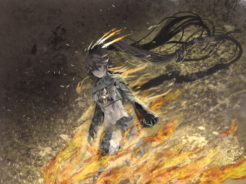 1girl absurdres black_hair clothing_cutout fire floating_headgear hair_between_eyes headgear highres long_hair lucia:_pyroath_(pgr) lucia_(pgr) mechanical_arms navel punishing:_gray_raven red_eyes saif_artz solo thigh_cutout twintails very_long_hair