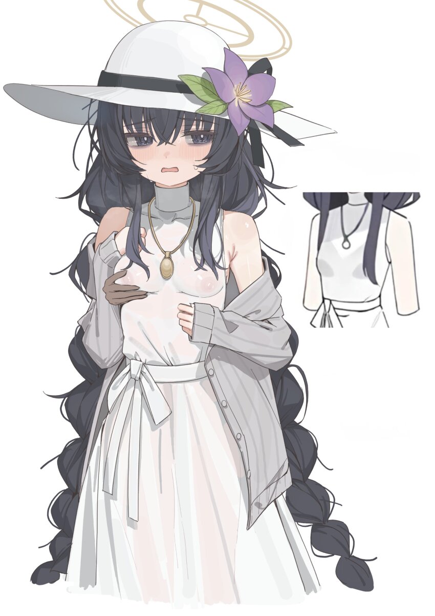 1girl 1other absurdres armpit_crease bags_under_eyes blue_archive braid cardigan cardigan_partially_removed dress embarrassed flower grabbing_another&#039;s_breast grabbing_from_behind grey_cardigan groping hair_between_eyes halo hat hat_flower high_collar highres jewelry long_hair looking_to_the_side necklace nipples no_bra open_cardigan open_clothes open_mouth out_of_frame purple_flower reference_inset see-through_clothes sidelocks simple_background sleeveless sleeveless_dress sun_hat sweat turtleneck ui_(blue_archive) unbuttoned very_long_hair white_background white_dress white_hat yellow_halo yoru_uyo