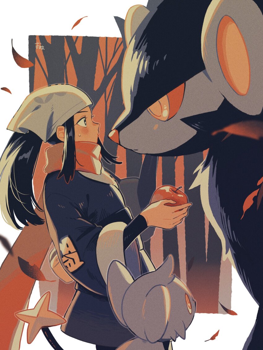 1girl akari_(pokemon) apple autumn_leaves black_eyes blush closed_mouth colored_sclera evolutionary_line food fruit gen_4_pokemon grey_jacket headscarf highres holding holding_food holding_fruit jacket leaf long_hair luxray nintendo omyo_(myomyomyo22) pokemon pokemon_(creature) pokemon_legends:_arceus red_sclera scarf shinx sidelocks sweat tree white_headscarf yellow_eyes