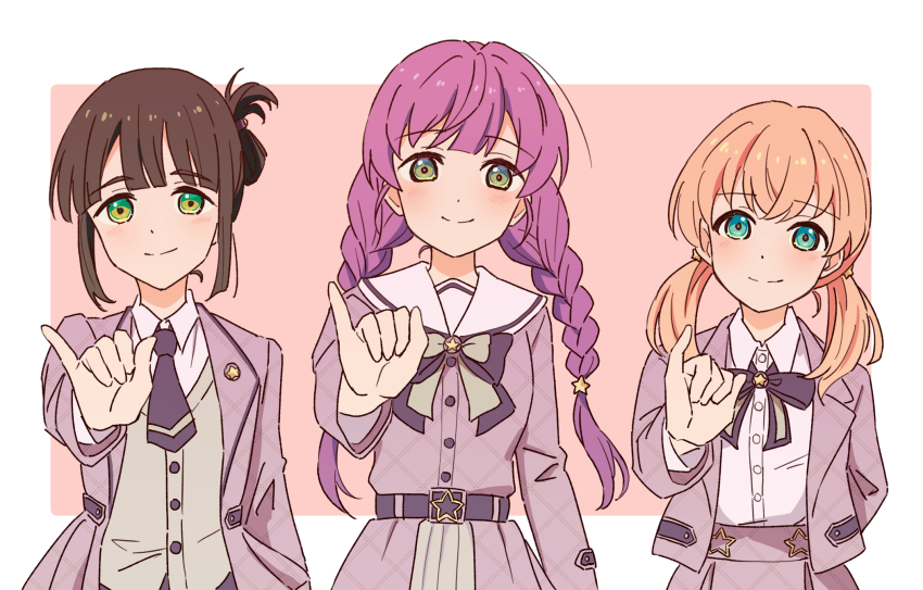 3girls aqua_eyes black_bow black_bowtie black_hair black_necktie black_ribbon blazer blunt_bangs border bow bowtie braid cardigan cerise_bouquet closed_mouth collared_shirt commentary_request dress dress_shirt folded_hair green_cardigan green_eyes grey_dress grey_jacket grey_skirt hair_ornament hanamusubi_(love_live!) highres hinoshita_kaho jacket link!_like!_love_live! lone_nape_hair long_hair long_sleeves looking_at_viewer love_live! low_twin_braids low_twintails momose_ginko multiple_girls neck_ribbon necktie nogreen official_alternate_costume open_clothes open_jacket orange_hair otomune_kozue outside_border pink_background pinky_out purple_hair ribbon sailor_collar sailor_dress shirt short_necktie sidelocks simple_background skirt smile split_mouth star_(symbol) star_hair_ornament twin_braids twintails upper_body virtual_youtuber white_border white_sailor_collar white_shirt