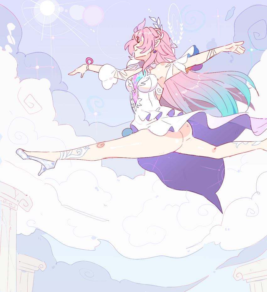 1girl aqua_hair ass breasts cloud commentary cyrene_(honkai:_star_rail) cyrene_(ripples_of_past_reverie)_(honkai:_star_rail) dress english_commentary gradient_hair halo high_heels highres honkai:_star_rail honkai_(series) long_hair medium_breasts multicolored_hair no_panties pink_hair pointy_ears solo unfamousradish very_long_hair white_dress white_hair