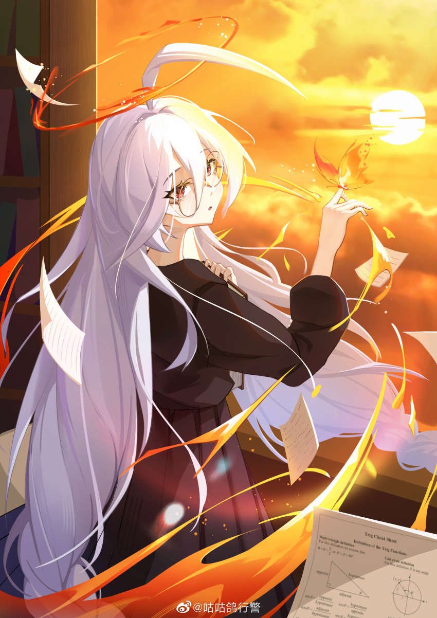 1girl absurdres ahoge alchemy_stars black_shirt black_skirt book bookshelf braid bug butterfly cloud english_text fire glasses guguge halo highres holding holding_book insect long_hair long_sleeves low_twintails math paper parted_bangs red_eyes round_eyewear shirt skirt solo sun sunset twin_braids twintails upper_body uriel_(alchemy_stars) uriel_(bookworm)_(alchemy_stars) very_long_hair watermark weibo_watermark white_hair