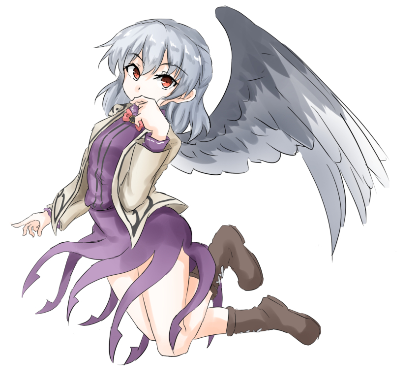 1girl angel_wings beige_jacket boots bow bowtie breasts clip_studio_paint_(medium) commentary_request covering_own_mouth dress feathered_wings hair_between_eyes kishin_sagume lace-up_boots long_sleeves looking_at_viewer purple_dress red_bow red_bowtie red_eyes short_hair simple_background single_wing small_breasts solo tarumaru thighs touhou white_background wings