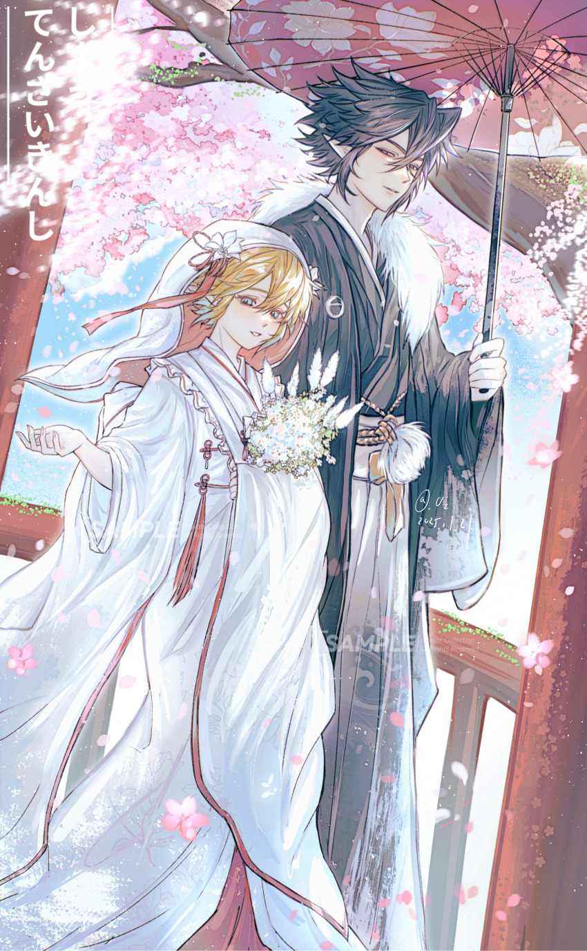 2boys absurdres alternate_costume aotu_world artist_name black_hair blonde_hair blue_eyes blush bouquet bride cherry_blossoms couple crossdressing day dress flower fur_trim hair_between_eyes hair_ornament highres holding holding_bouquet holding_umbrella japanese_clothes kimono king_(aotu_world) looking_at_viewer male_focus multiple_boys oil-paper_umbrella outdoors petals plutoray pointy_ears purple_eyes ray_(aotu_world) short_hair smile spiked_hair standing tassel uchikake umbrella veil wataboushi watermark wedding wedding_dress white_flower wide_sleeves yaoi