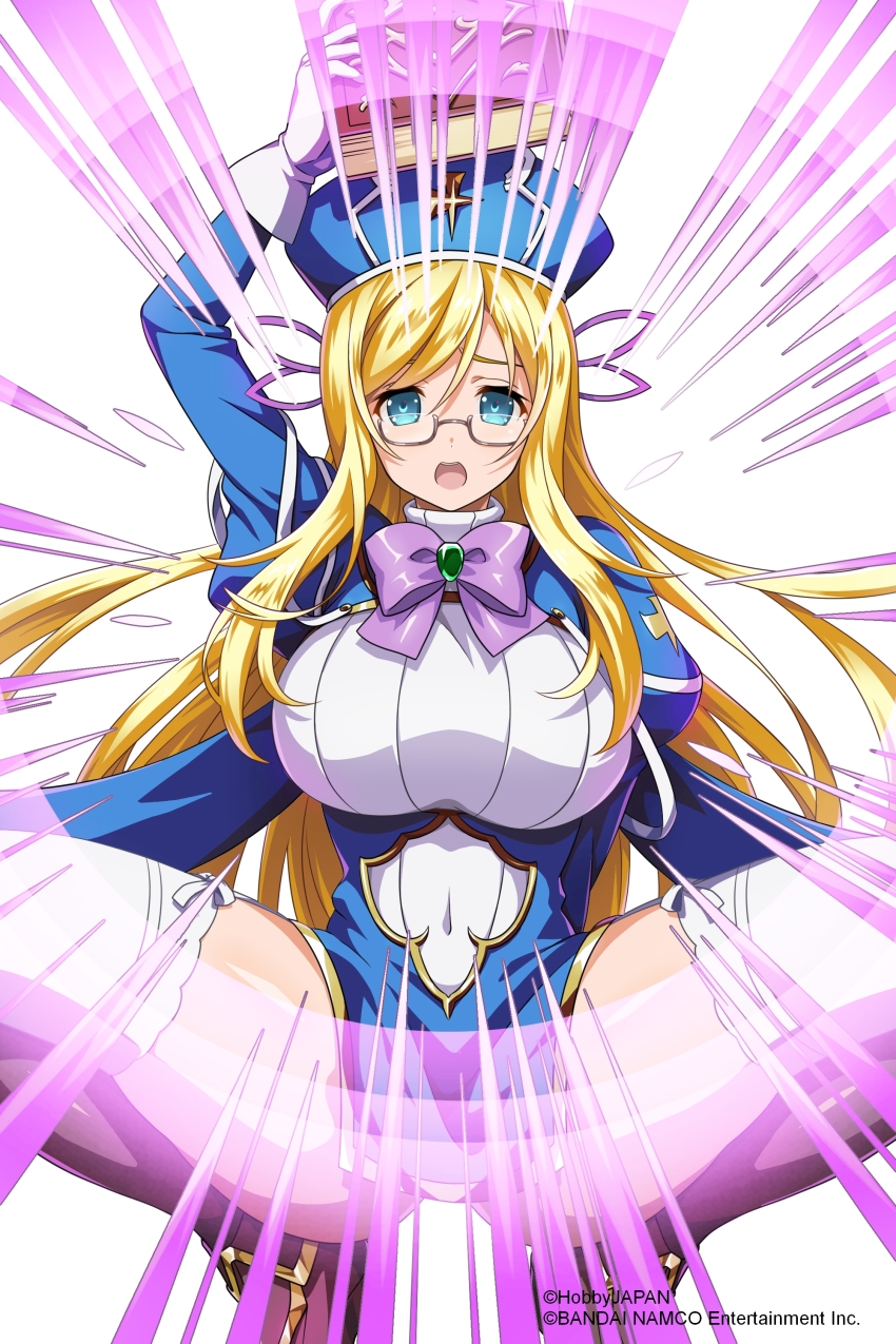 1girl absurdres artist_request blonde_hair blue_dress blue_eyes blush boots bow breasts company_connection covered_navel dress garter_straps glasses gloves hat highres knee_boots large_breasts long_hair long_sleeves looking_at_viewer melpha melpha_(queen&#039;s_blade_unlimited) official_art open_mouth panties puffy_sleeves queen&#039;s_blade queen&#039;s_blade_unlimited queen&#039;s_blade_white_triangle shiny_skin simple_background solo thighhighs underwear white_background white_gloves white_thighhighs