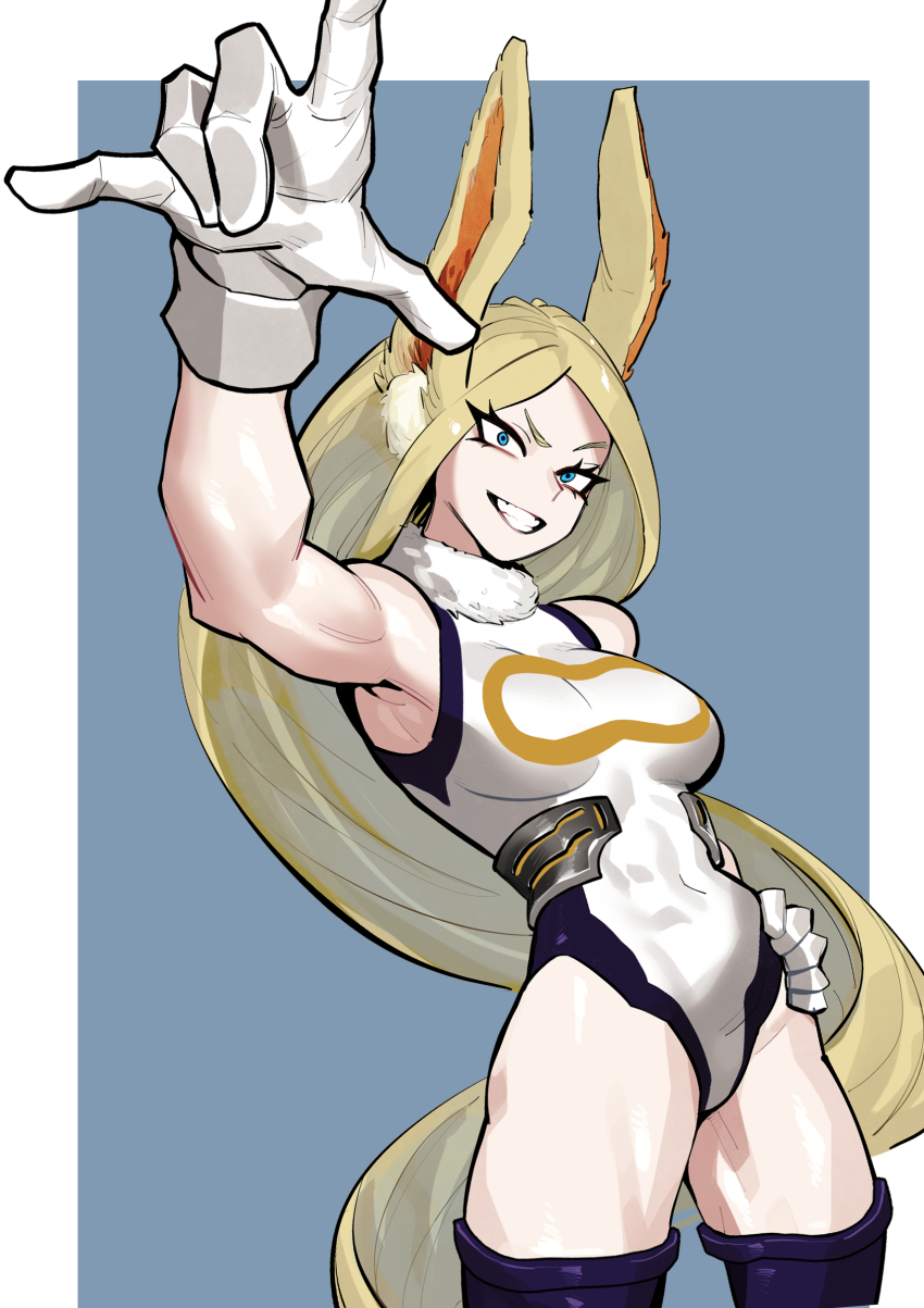 1girl absurdly_long_hair absurdres alternate_skin_color animal_ear_fluff animal_ears arm_up armpits bare_shoulders blonde_hair blue_background blue_boots blue_eyes blue_leotard blurry boku_no_hero_academia boots border breasts covered_navel depth_of_field dingotoad foreshortening fur_collar gloves grin hand_on_own_hip highres large_breasts leotard long_hair looking_at_viewer mirko multicolored_leotard outside_border rabbit_ears rabbit_girl reaching reaching_towards_viewer sanpaku simple_background smile solo teeth thigh_boots v-shaped_eyebrows very_long_hair white_border white_gloves white_leotard yellow_leotard