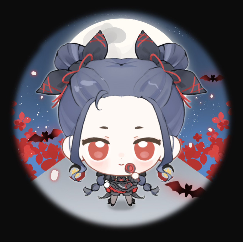 1girl animal baonu_de_zhanshen_caibutou bat_(animal) black_bloomers black_border black_bow black_dress black_shoes black_wrist_cuffs bloomers blue_hair border bow candy chibi chinese_commentary closed_mouth coattails commentary_request cross-laced_clothes dot_nose double_bun dream-like_night_(infinity_nikki) dress eyelashes flower food footwear_bow forehead frilled_dress frills full_moon grey_pantyhose hair_bow hair_bun hair_ribbon hand_on_own_hip happy heart heart_print highres holding holding_candy holding_food holding_lollipop infinity_nikki light_blush lolita_fashion lollipop moon night night_sky nikki_(series) outdoors outline pantyhose petals pocket print_dress puffy_short_sleeves puffy_sleeves red_eyes red_flower red_ribbon ribbon round_border shoes short_dress short_hair short_sleeves sky smile solo standing star_(sky) starry_sky straight-on underwear white_outline wrist_cuffs