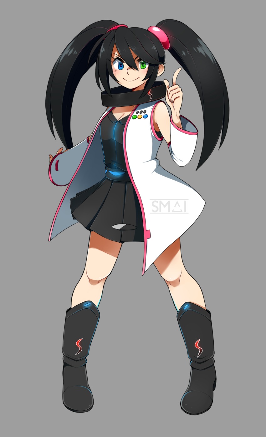1girl black_dress black_hair blue_eyes boots breasts cleavage commentary detached_sleeves dress female_focus game_console green_eyes grey_background heterochromia highres knee_boots long_hair personification pleated_dress sami_briggs sega_hard_girls sega_saturn sega_saturn_(sega_hard_girls) small_breasts smile solo twintails wide_sleeves