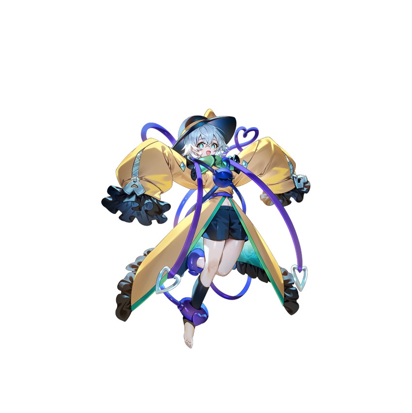 1girl adapted_costume black_hat black_shorts coat eyeball frilled_sleeves frills full_body game_cg green_coat green_eyes grey_hair hat heart heart_of_string highres komeiji_koishi long_sleeves looking_at_viewer navel non-web_source official_art open_mouth second-party_source shirt shorts sleeves_past_fingers sleeves_past_wrists smile solo thighs third_eye toeless_legwear touhou touhou_gensou_eclipse transparent_background two-sided_coat two-sided_fabric u_u_zan yellow_coat yellow_shirt zipper zipper_pull_tab