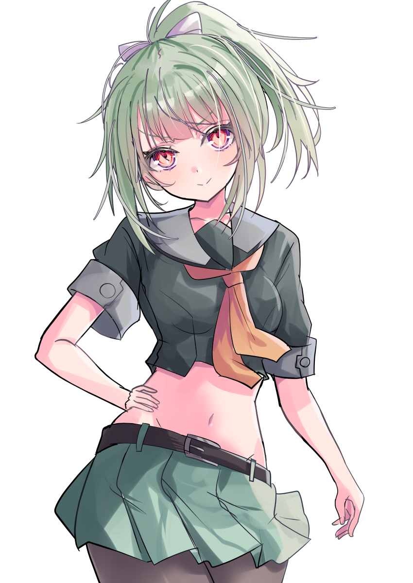 1girl absurdres belt crop_top green_hair hair_ribbon hand_on_own_hip highres hizaka kantai_collection long_hair looking_at_viewer navel neckerchief pantyhose ponytail red_eyes ribbon skirt smirk solo yuubari_(kancolle)