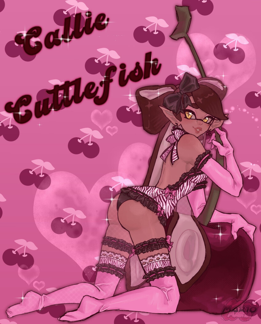 +_+ 1girl ass bare_shoulders callie_(splatoon) character_name cherry elbow_gloves food fruit gloves heart highres lips looking_back mar1omar1a nintendo pointy_ears splatoon_(series) tentacle_hair thigh_strap thighhighs thong twintails yellow_eyes