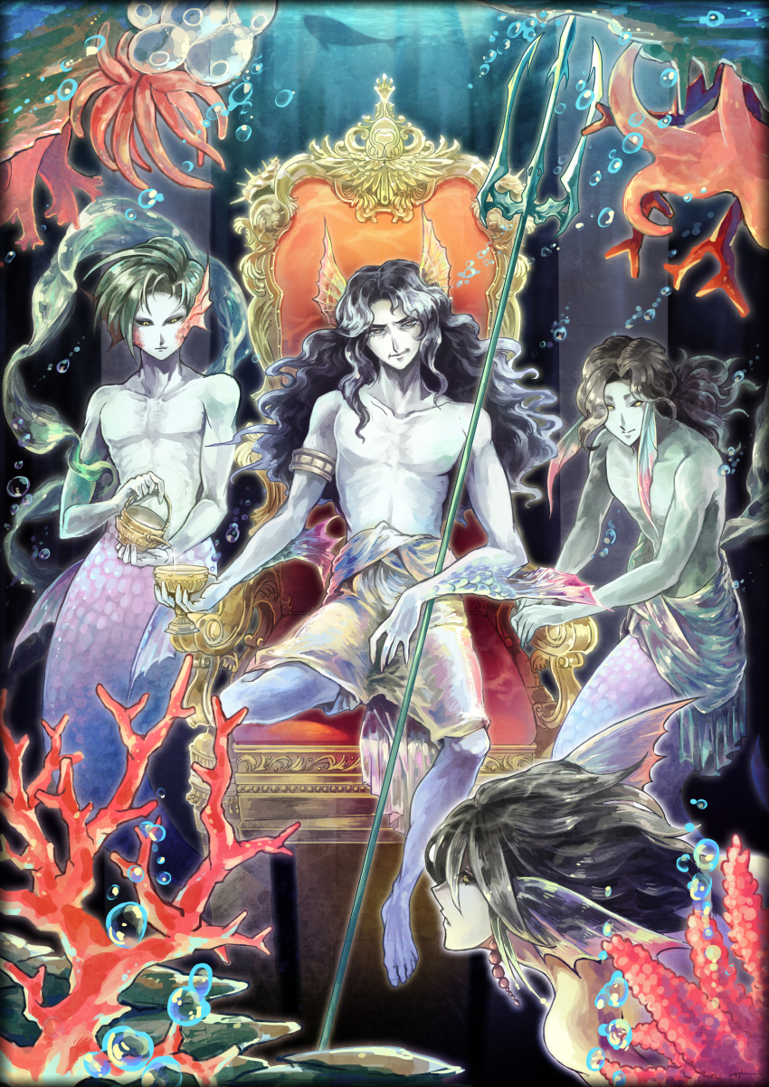 4boys absurdres barefoot black_hair blue_skin bubble colored_skin curly_hair earrings fins fish fish_boy food_fighter_441 green_hair head_fins highres jewelry long_hair male_focus merman monster_boy multiple_boys nude original polearm scales throne topless_male trident underwater weapon yellow_eyes