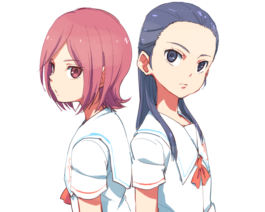 2girls azuma_yukihiko blue_eyes blue_hair commentary_request eyelashes futari_wa_precure_splash_star kiryuu_kaoru kiryuu_michiru long_hair looking_at_viewer multiple_girls precure red_eyes red_hair school_uniform serious shirt short_hair simple_background standing white_background white_shirt