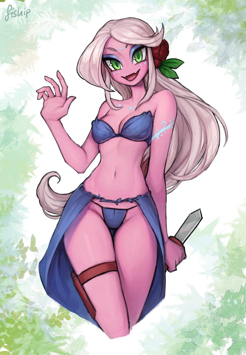 1girl :d absurdres bikini blue_bikini blue_skirt blush breasts colored_skin commission dagger fangs flower grey_hair hair_flower hair_ornament hand_up highres holding holding_dagger holding_knife holding_weapon holster knife long_hair looking_at_viewer matilda_fiship medium_breasts navel no_nose open_mouth original pink_skin red_flower red_rose reverse_grip rose showgirl_skirt signature skin_fangs skirt smile solo swimsuit thigh_gap thigh_holster thigh_strap weapon