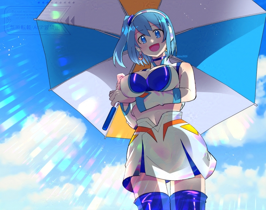 1girl bare_shoulders blue_eyes blue_hair blue_thighhighs breasts cleavage covered_erect_nipples cowboy_shot cropped_shirt earrings holding holding_umbrella jewelry large_breasts mega_man_(series) mega_man_x_(series) mega_man_x_dive open_mouth rico_(mega_man) rikka_(user_hruv2435) shirt short_hair side_ponytail skirt smile solo sunlight thighhighs umbrella watermark white_shirt white_skirt