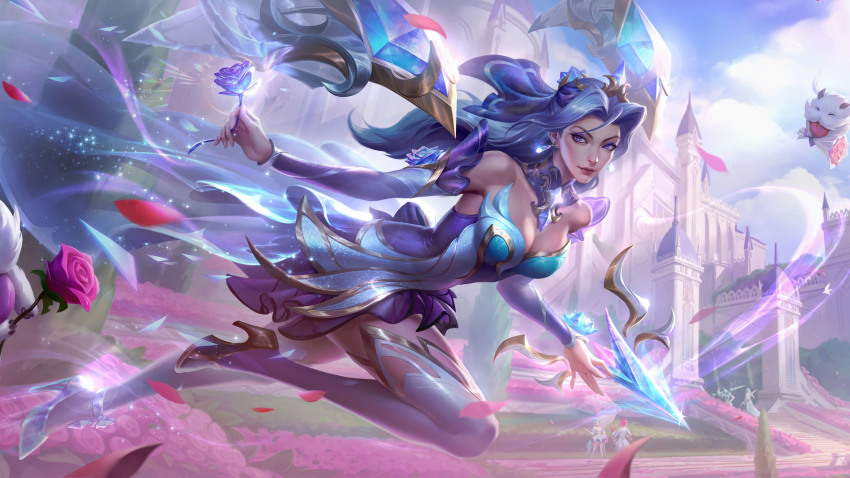 1girl absurdres armpits artist_request blue_hair breasts cleavage crystal crystal_rose crystal_rose_kai&#039;sa detached_sleeves dress flower highres kai&#039;sa league_of_legends league_of_legends:_wild_rift long_hair poro_(league_of_legends) rose skirt solo wings